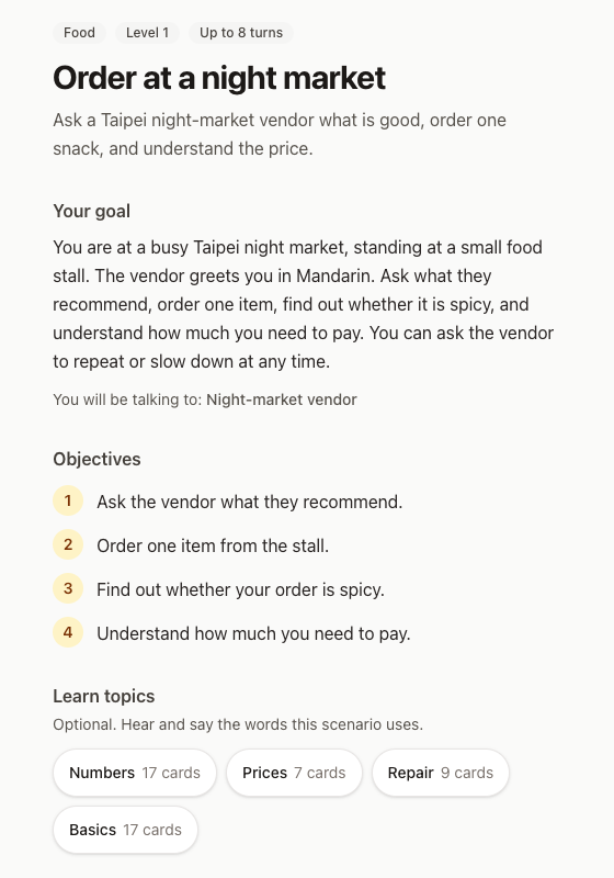 The scenario page for Order at a night market. It describes the stall, lists four objectives, starting with asking the vendor what they recommend, and offers four optional Learn topics: Numbers, Prices, Repair and Basics.